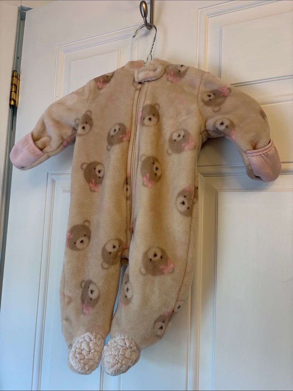 chick pea Beige Fleece Teddy Bear Footie with Pink Accents